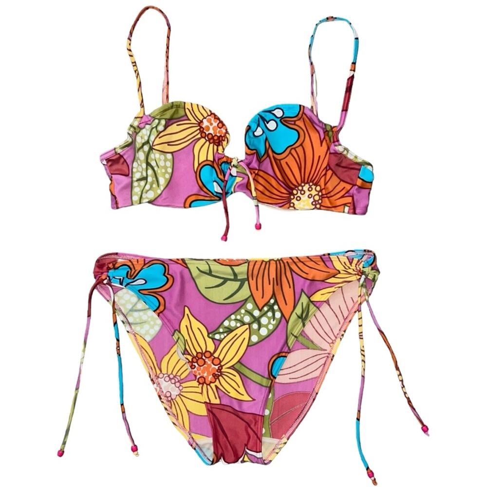 AUTH VTG Christian Dior Retro Floral Print Colorful Bikini Swimsuit Set
